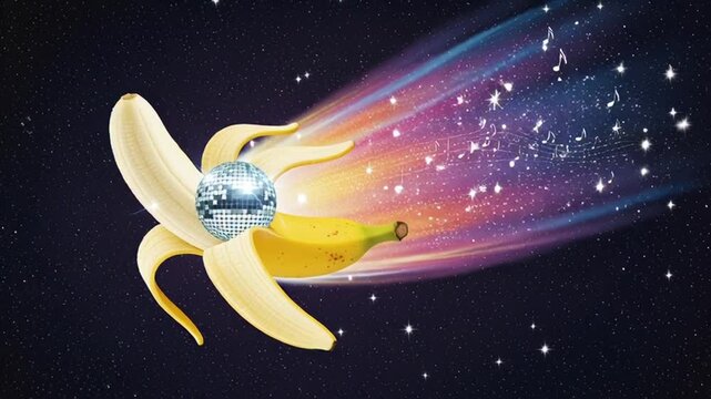 Banana with disco ball flying through space with colorful trail