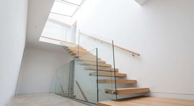자연광이 들어오는 천창과 투명 유리 난간이 돋보이는 모던 플로팅 원목 계단 인테리어
Modern floating wood staircase interior featuring a frameless glass balustrade and a natural skylight