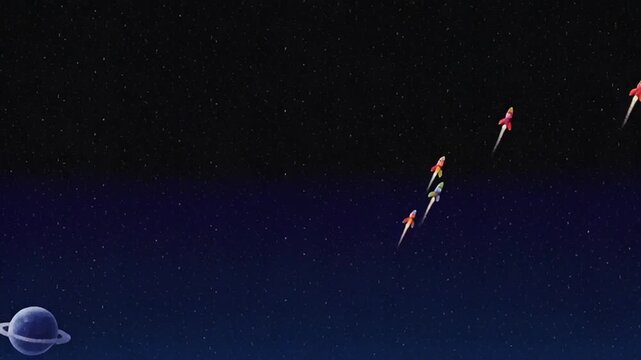 colorful space rocket launch celebration with planets and confetti explosion
