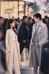 Fototapeta premium Generative AI cinematic shot of a handsome Asian man and beautiful woman looking at each other in a busy city crowd