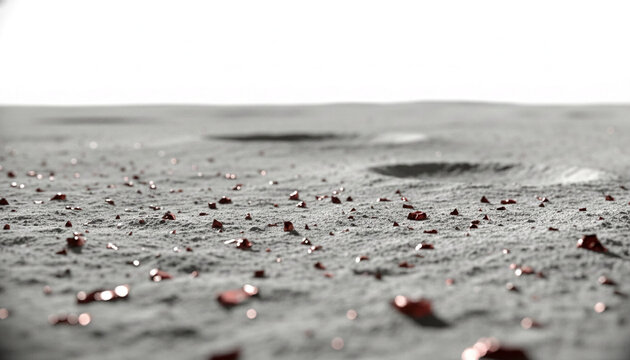 Textured gray ground with scattered red fragments and craters, suggesting an extraterrestrial surface, symbolizing exploration and the unknown