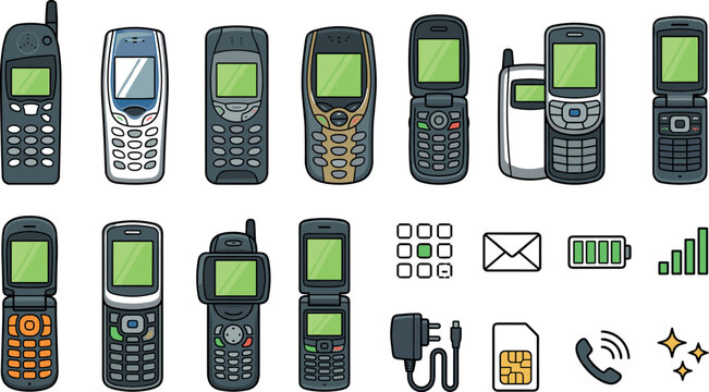 Collection of Vintage Mobile Phone Icons Featuring Classic Cell Phones, Keypads, Sim Card, Charger, and Communication Symbols for Technology and Retro Design