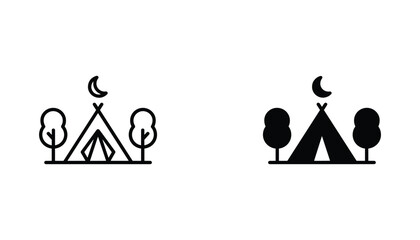 Camping tent vector icon isolated on white Black and white outline line art and solid glyph silhouette © VisionGrafix