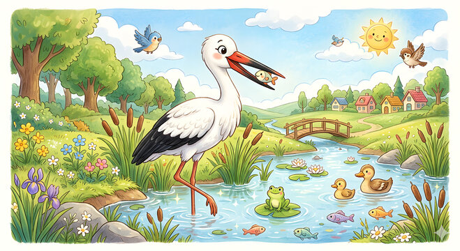 Cute stork with a little fish in its beak, children's book illustration style, beautiful countryside pond landscape with cozy houses, frog, duck, and smiling sun, watercolor.