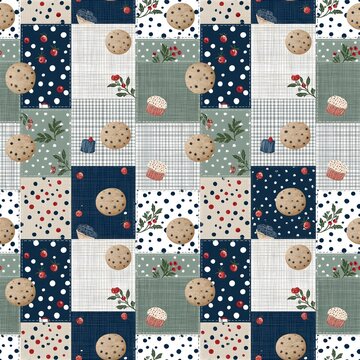 Seamless patchwork quilt design with christmas cookies and festive holiday backgrounds christmas patchwork seamless background illustration wallpaper seasonal celebration homemade wrapping