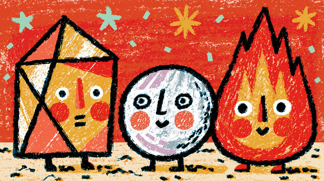 Nostalgic textured illustration of cute art installation characters under a starry night sky