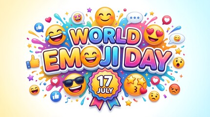 Naklejka premium Colorful vector illustration of world emoji day typography with surrounding smiling face icons and celebratory elements celebration