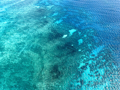 Aerial view of Great Barrier Reef with vibrant coral formations and clear turquoise waters Cairns, Queensland, Australia.