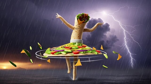 joyful woman balancing colorful taco skirt in stormy lightning background