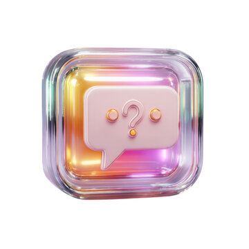 Square icon with rounded corners featuring a pink speech bubble with question mark and iridescent glass border isolated on a transparent background