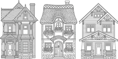 Obraz premium Vintage House Facade Collection with Victorian Home, Cottage, Craftsman Architecture, Residential Building Line Art, and Vector Illustration Set