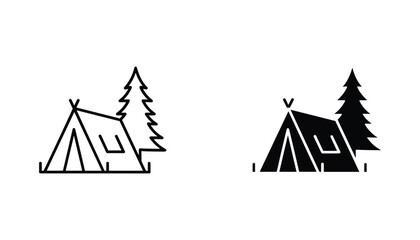 Camping tent vector icon isolated on white Black and white outline line art and solid glyph silhouette © VisionGrafix