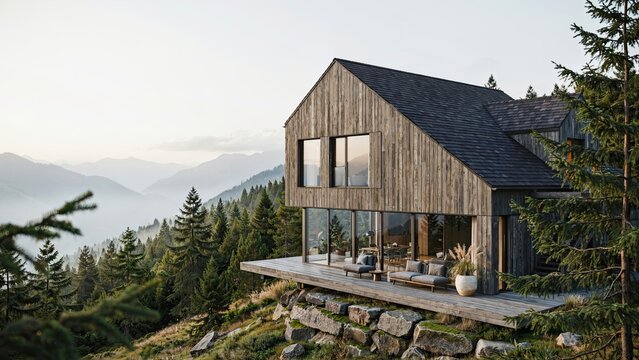Mountain chalet constructed from timber sits prominently on a forested hillside overlooking a misty valley below.