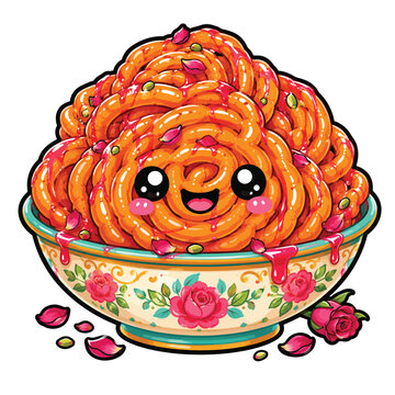 Cute Kawaii Jalebi Dessert Illustration in a Decorated Bowl Adorned with Pink Rose Petals for Traditional Indian Sweets