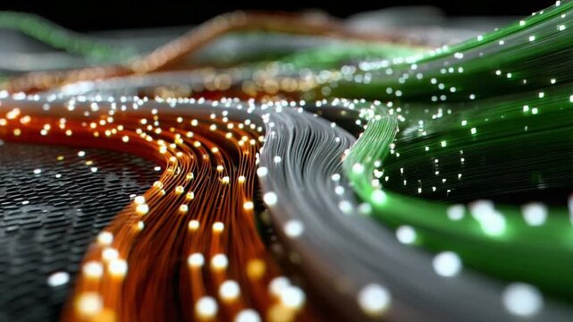 Abstract Digital Network Flow: A stunning visual representation of a digital network, with vibrant, flowing lines of light in orange, green, and white, interspersed with glowing particles.