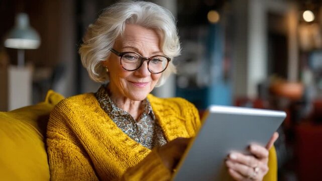 Senior woman using a tablet: A smiling senior woman with glasses, wearing a yellow cardigan, sits on a couch and uses a tablet computer, engaging with digital content at home.