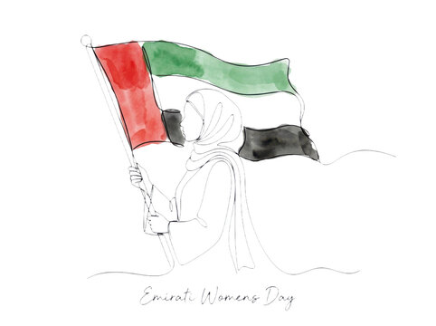 Continuous line art drawing of an emirati woman holding a uae flag for emirati womens day isolated on transparent background