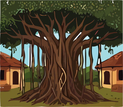 Massive Sacred Banyan Tree Vata Vriksha Aerial Roots Canopy Shade Village Meeting Place Vector Nature Illustration