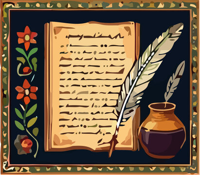 Ancient Sanskrit Manuscript Palm Leaf Scroll Quill Pen Inkpot Writing Literature Knowledge Tradition Vector Illustration