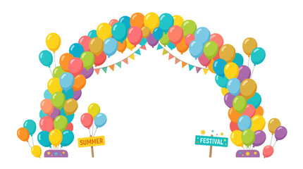 Fototapeta premium Summer festival outdoor event Colorful balloon arch, festive decorations, party celebration, birthday event isolated on Transparent Background EPS
