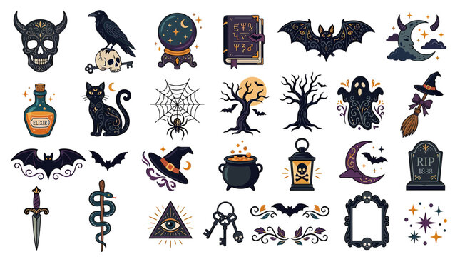 Halloween Pixel Art Icons: Skull, Witchcraft, Spooky Elements, Mystical Symbols