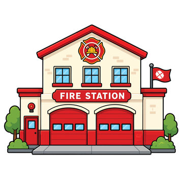 Colorful Vector Illustration of a Fire Station Building with Red Doors and Emblems for Children or Educational Media