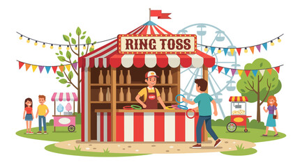 Fototapeta premium Summer festival outdoor event Carnival game booth, ring toss stand, colorful fair illustration, amusement park attraction isolated on Transparent Background EPS