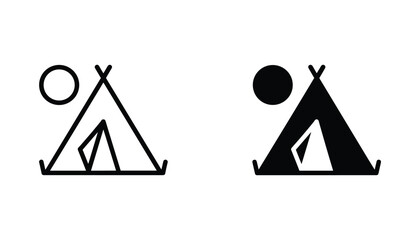 Camping tent vector icon isolated on white Black and white outline line art and solid glyph silhouette © VisionGrafix