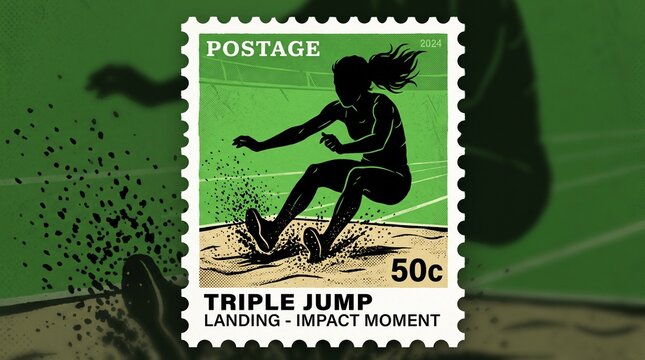 Stamp of triple jump athlete landing in sandpit