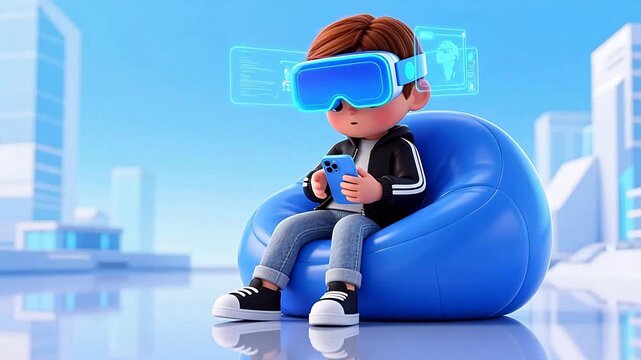 Boy in vr glasses using holographic interface