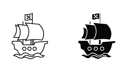 Pirate ship vector icon isolated on white Black and white outline line art and solid glyph silhouette © VisionGrafix