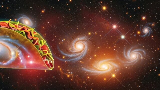 Vibrant taco in space with swirling galaxy background