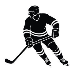 Fototapeta premium Black and White Silhouette Vector Illustration Featuring a Focused Hockey Player Skating on Ice with a Stick in Action