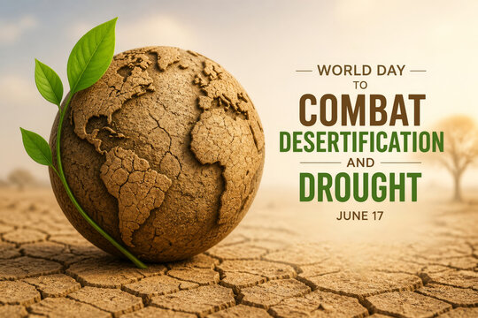 Dried earth globe with green sprout on cracked ground. World day to combat desertification and drought concept. Ecology and nature conservation against climate change and global warming.