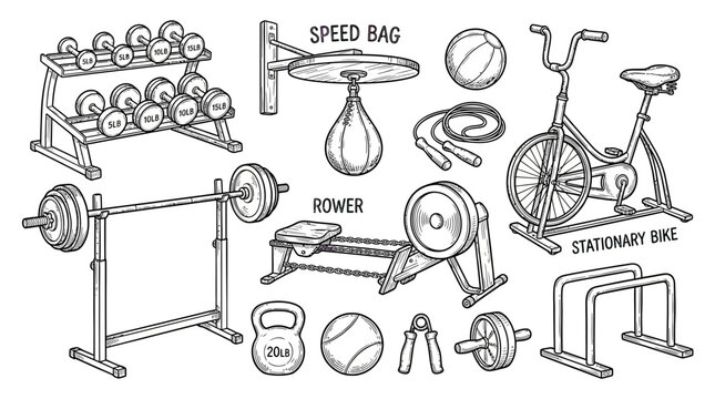 Fitness Equipment Collection: Hand-Drawn Gym Gear for Exercise and Workout