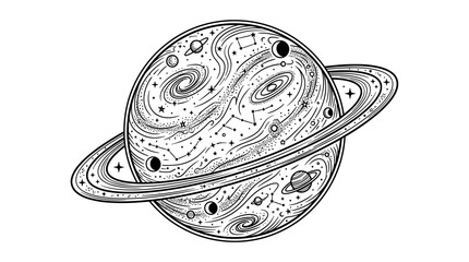 Whimsical Planet with Rings, Stars, and Constellations - Hand-Drawn Style © Varel
