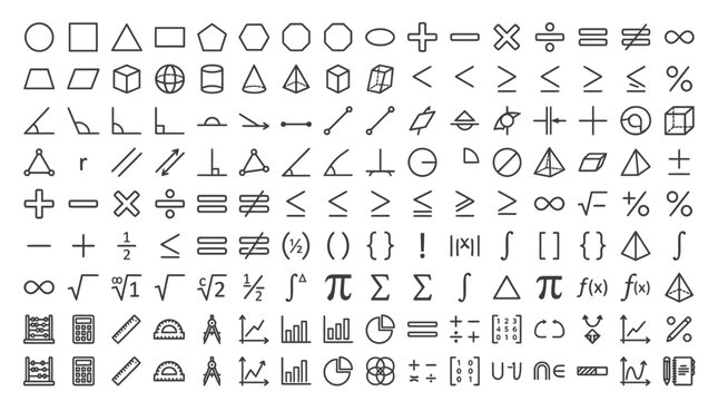 Mathematical Symbols and Geometric Shapes Icons Set: Education, Science, and Technology Concepts