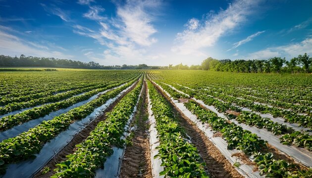 Fresh Strawberry Farm Field At Spring And Summer