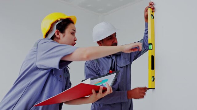 Builder worker level clipboard wall construction team vertical alignment interior renovation planning inspection unfinished room hard hat ladder tool focused teamwork indoor building check