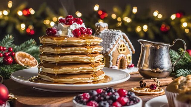 Christmas pancake stack with berries and gingerbread house background.