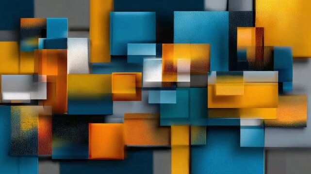 Geometric Abstract Collage: A vibrant collage of overlapping squares and rectangles in shades of blue, yellow, and orange, creating a dynamic and modern abstract design.