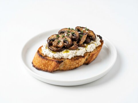 Gourmet mushroom and ricotta bruschetta on toasted sourdough bread, served on a white plate with studio lighting, ideal for minimalist restaurant menu design and culinary food blogs.