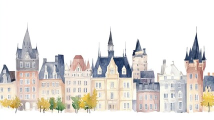 Fototapeta premium Quebec city buildings architecture illustration watercolor.