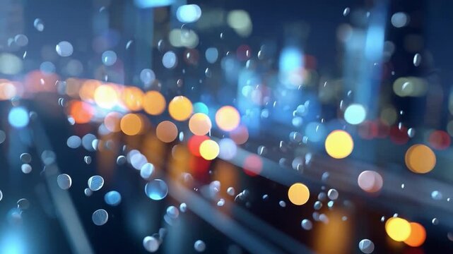 Bokeh Cityscape at Night: A mesmerizing abstract view of a city at night, characterized by blurred lights, bokeh effects, and a feeling of motion, creating a vibrant, energetic atmosphere.