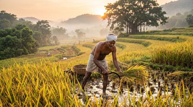An elderly Indian farmer wearing a white turban harvests ripe rice stalks with a sickle in a muddy, terraced paddy field at dawn