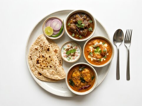 Authentic non-vegetarian Indian thali featuring spicy mutton curry, creamy butter chicken, fish masala, cooling raita, fresh roti, and onion salad. Bright studio lighting on clean white