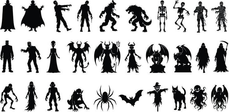 Monster Silhouettes Collection Black Shapes Against White Background