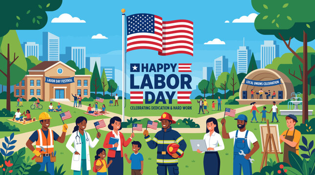 Labor Day festival with diverse workers celebrating under American fla