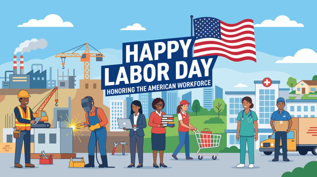 Diverse American professional workforce celebrating Happy Labor Day ho