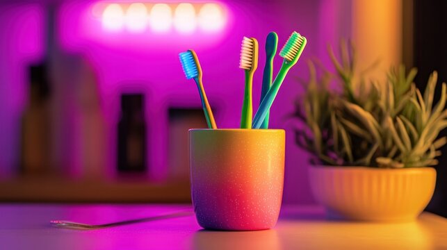 Colorful toothbrushes in cup